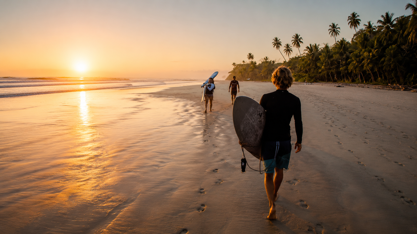 Surfers walking along the Santa Teresa beach at sunset