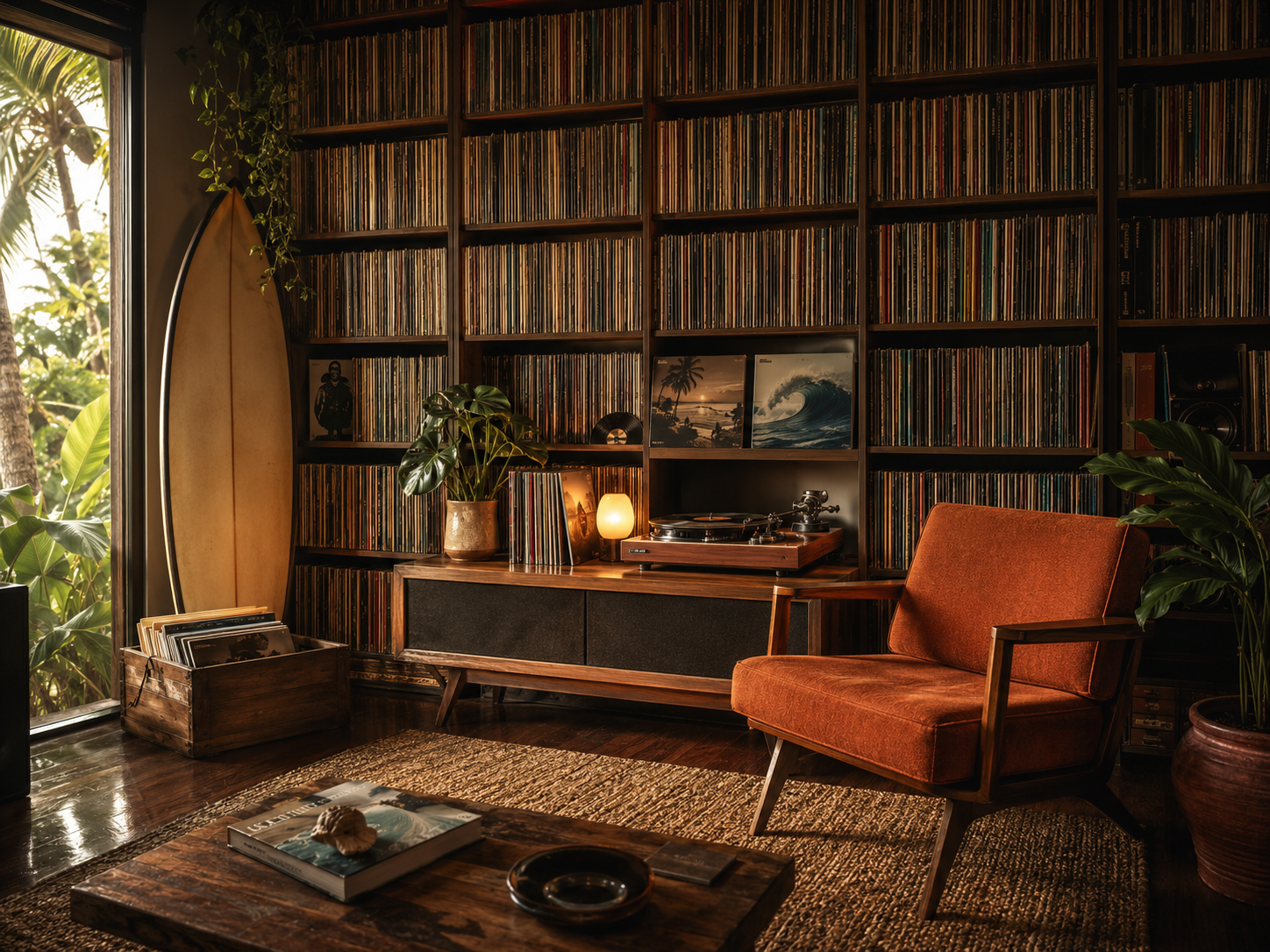 Superfly studio with surfboard, vinyl, plants, and an orange lounge chair